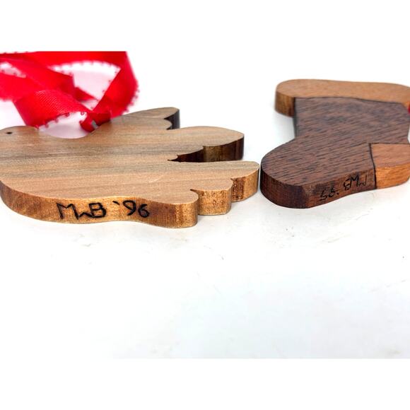 Vintage Wood Christmas Tree Ornaments Dove and Stocking with Red Ribbon Hangers - Picture 2 of 7